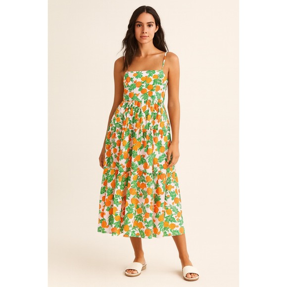 J.Crew Dresses & Skirts - J. Crew Dress Women 4 Purple Orange Fruit Print Smocked Tiered Midi Cottage